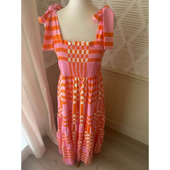 Boutique Women’s Large Pink Orange Gingham Smocked Shoulder Tie Maxi Dress NWT - Picture 4 of 7